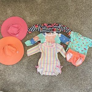 4 Ruffle Butts Swim Suits size 6-12 months with 2 Matching Hats